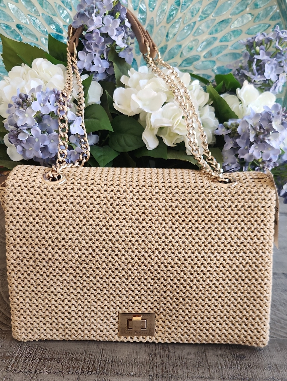 INC International Concepts Beige Woven Shoulder Bag with Gold Chain. New!